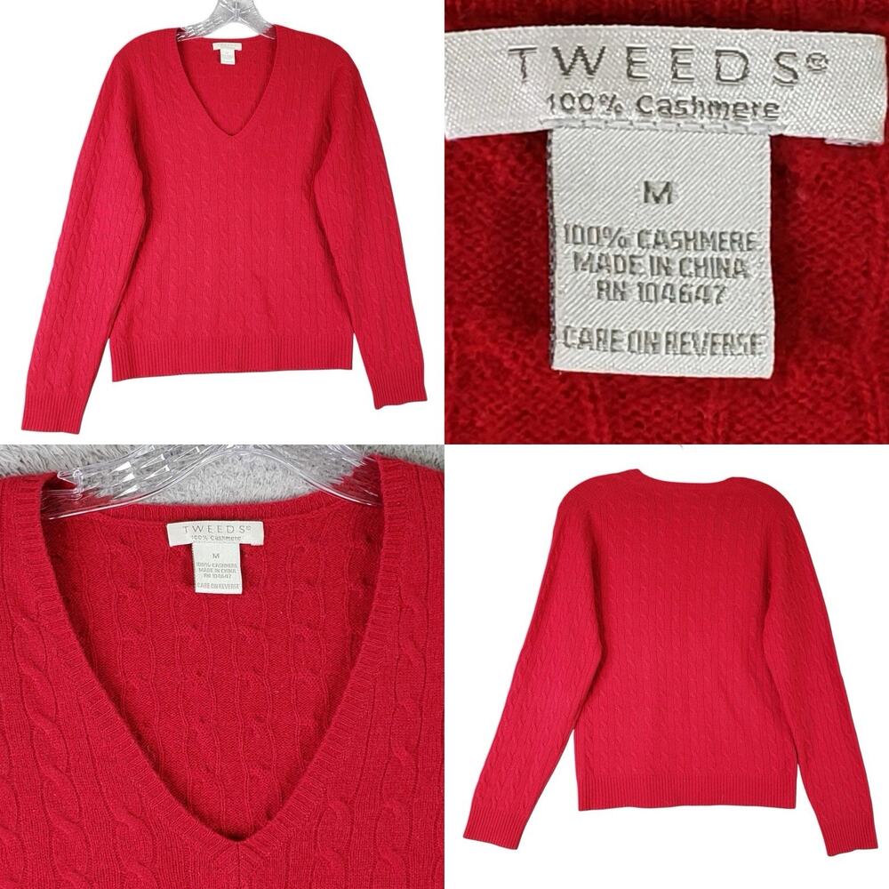 Tweeds Sweater Cashmere Cable Knit V~Neck Knit Size Medium Red Pullover